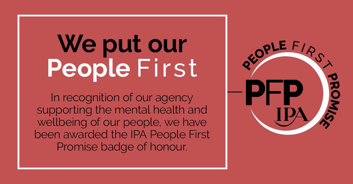 We strive to be a mindful employer and are committed to our people’s mental health and wellbeing. So, we're delighted to be amongst the first agencies to achieve @The_IPA People First Promise.

#IPAPeopleFirst #DEI #InclusiveWorkplace #WorkplaceWellbeing #MHAW