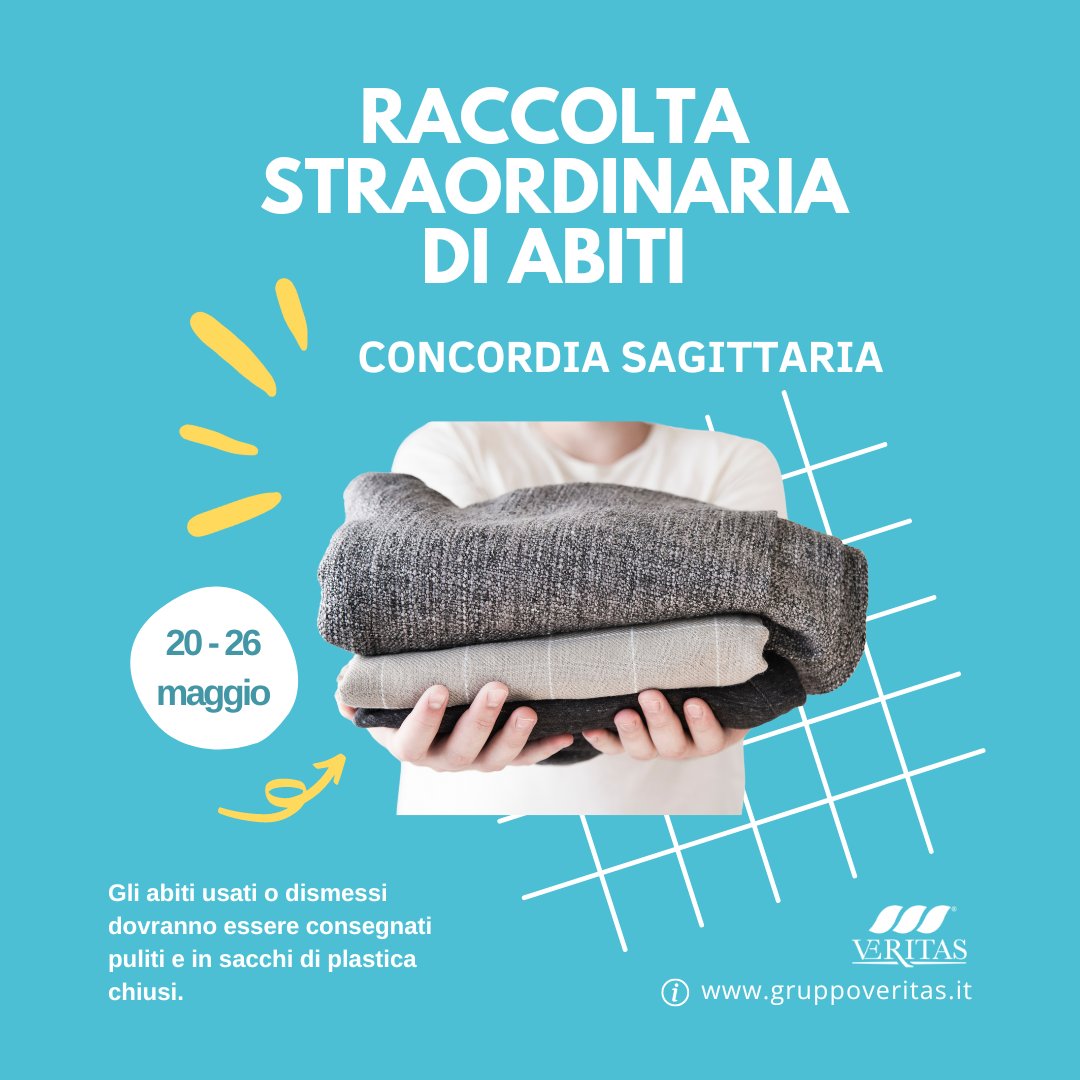 Dal 20 al 26 maggio nel Centro di Raccolta di #ConcordiaSagittaria in via Gabriela, verrà effettuata una raccolta straordinaria di abiti usati o dismessi, che dovranno essere consegnati puliti e in sacchi di plastica chiusi. Verifica i giorni di raccolta: tiny.cc/f4s4yz