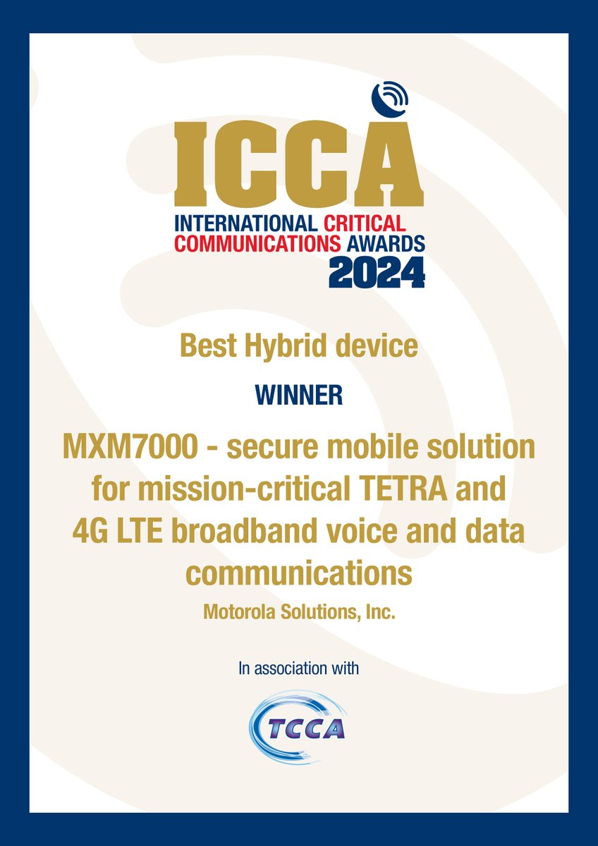 Wrapping up a great week at @CritCommsSeries #CCW24! We announced DIMETRA Connect and the new MXP660 multi-bearer TETRA radio and were also fortunate enough to be awarded the ICCA 'Best Hybrid Device' Award for the MXM7000. Looking forward to connecting with you next year!