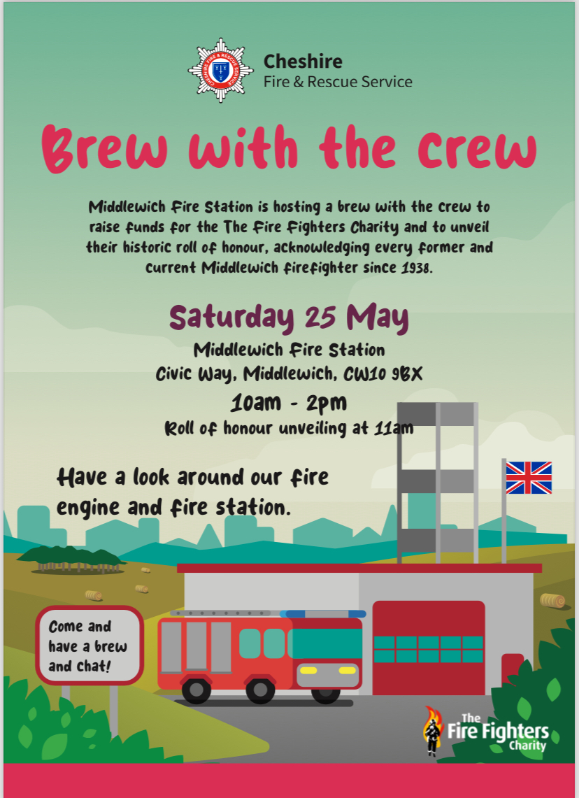 MiddlewichFS's tweet image. Reminder that our Brew With The Crew event is taking place next Saturday 10am - 2pm raising funds for @firefighters999

Event is open to all, explore our station, vehicles and share a cuppa and cake with our Firefighters.

We hope to see you there 

🍰 🫖 🚒
