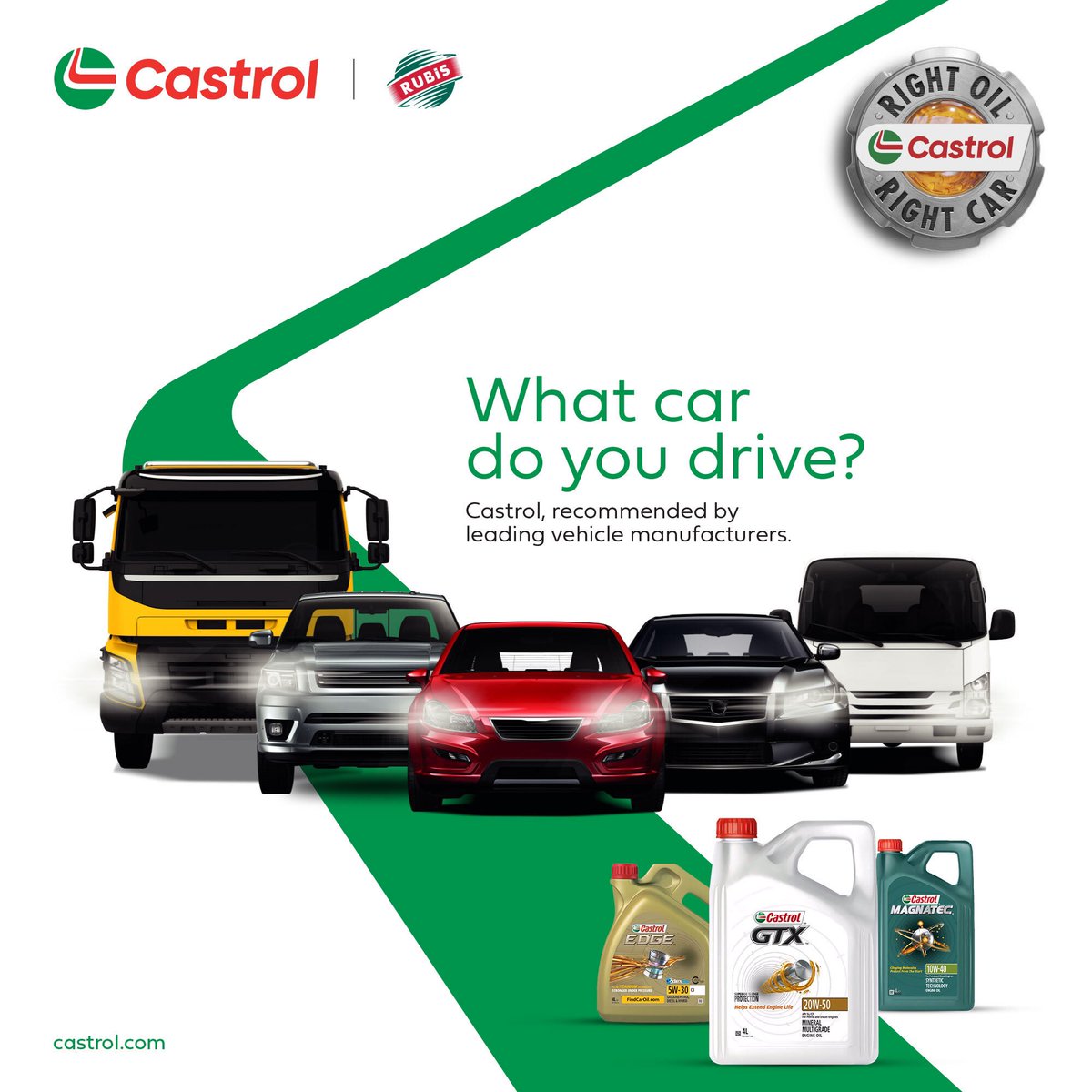 The leading car manufacturers in the world have spoken. If you use the right oil, you have the right car. Ask for #CastrolOil at your nearest Rubis station. #RightOilRightCar