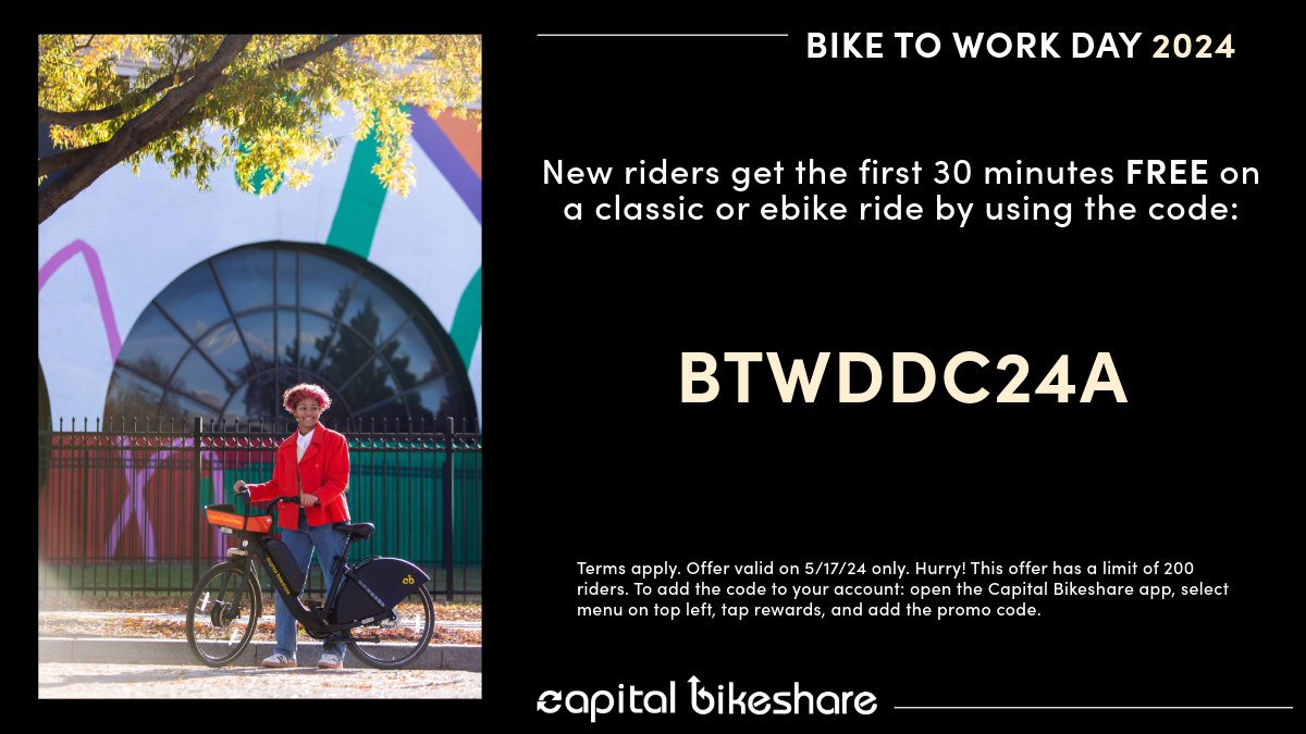 Rise and grind, Metro DC: it’s #BikeToWorkDay! ☀️💪🚲 End your workweek by coasting in on two wheels: Today only, new users get the first 30 minutes of your ride on us using the code BTWDDC24A. Terms apply. But hurry: this offer has a limit of 200 riders! Happy Friday!