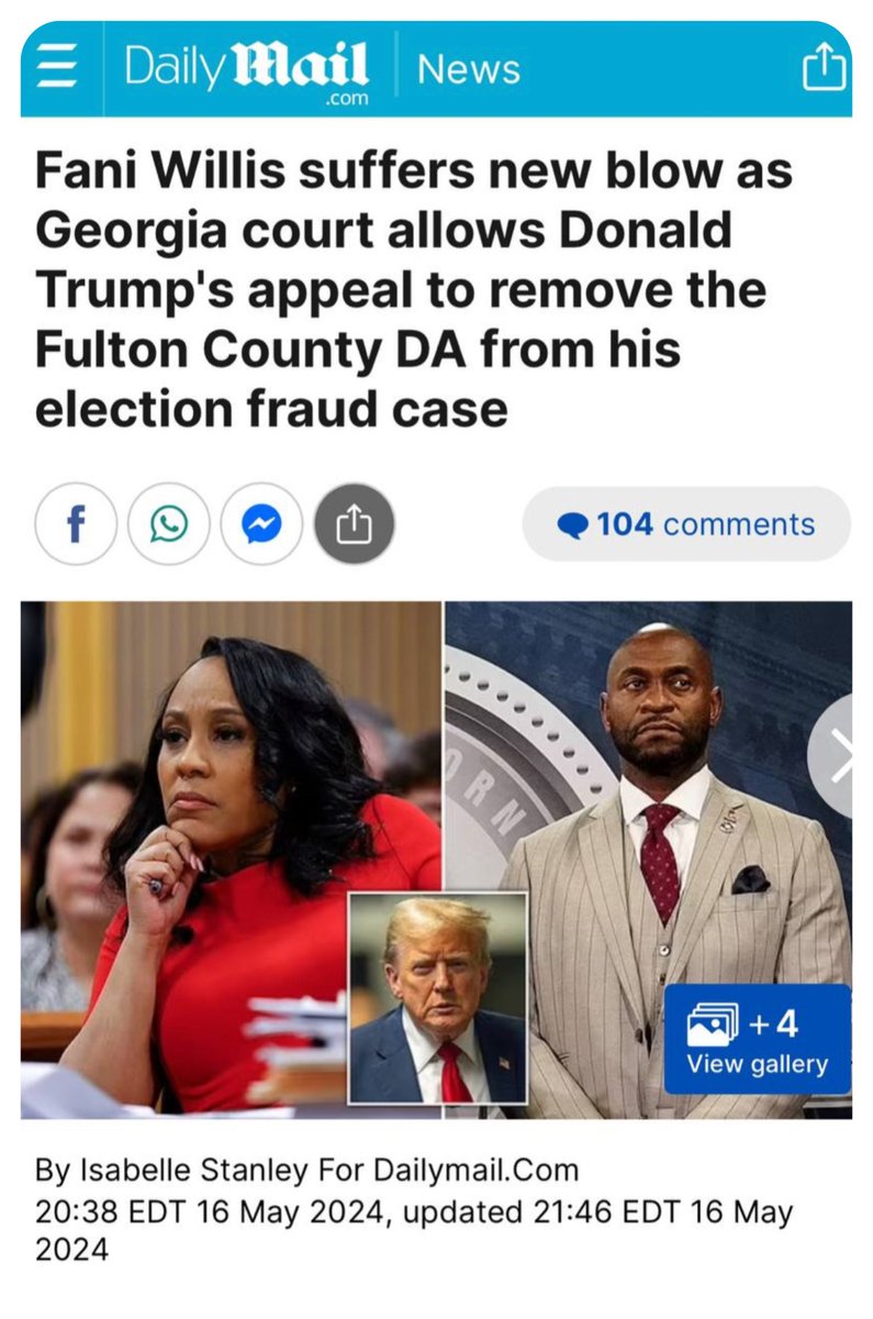 More good news. Cry harder, Fani. “The Georgia Court of Appeals has given a green light to Donald Trump's case to remove Fani Willis from his election fraud trial in the latest blow to the Fulton County DA.”