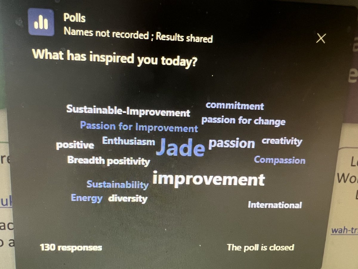 Today we have been listening to an improvement story from each Foundation Group organisation. Based on this word cloud, listeners loved hearing Jade (HCA) talk about how she led the redesign of bedside boards following her #4WardImprovementSystem training. 
We are proud of Jade.