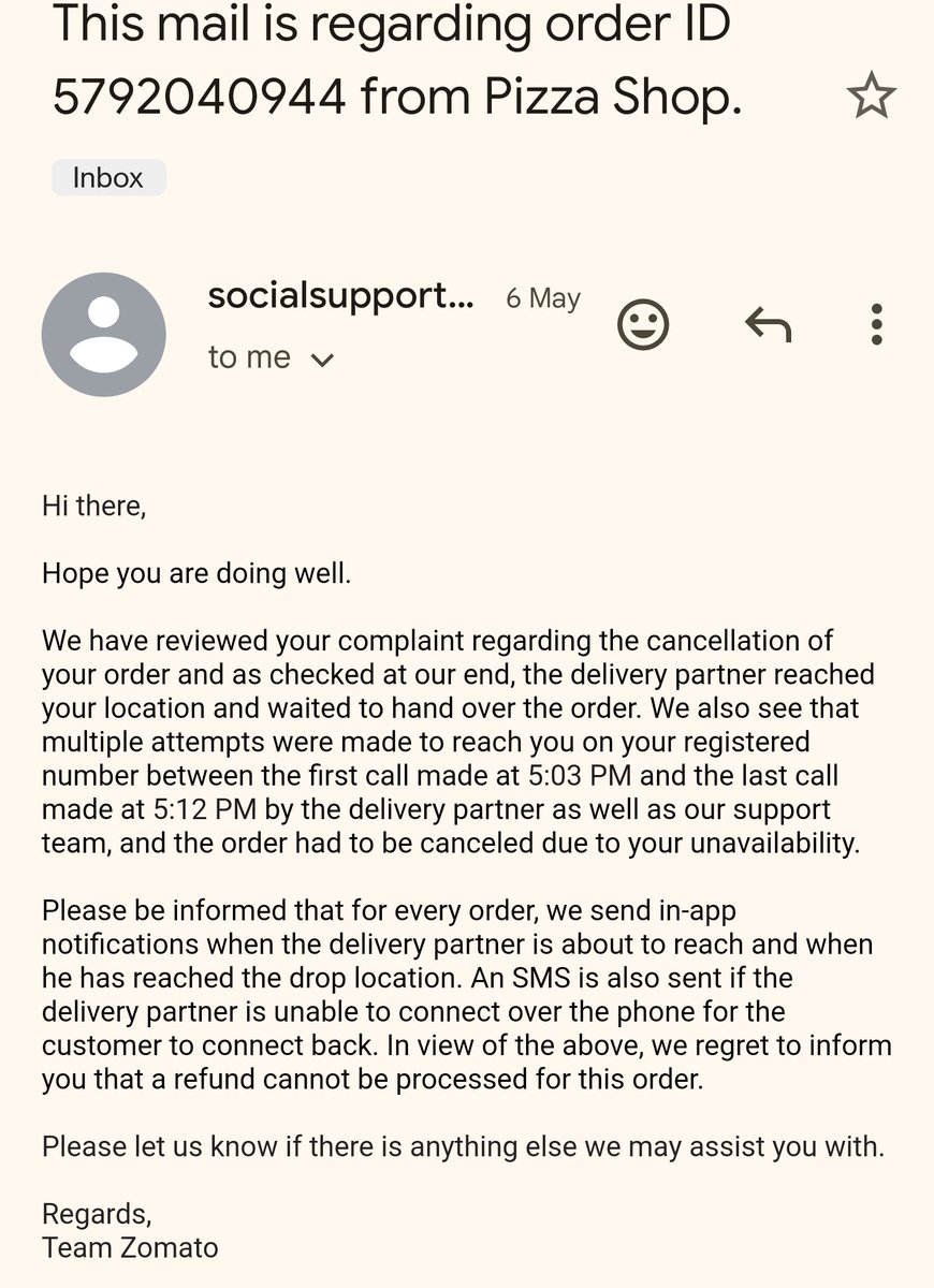 @zomatocare So is this solution you have provided me. You executive never came to my location and I haven't received any call, either refund my amount or I'll file a case in consumer court