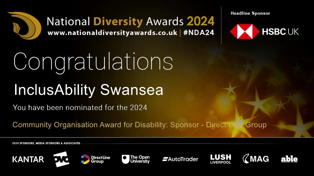 Congratulations to InclusAbility Swansea who has been nominated for the Community Organisation Award for Disability at The National Diversity Awards 2024 in association with @HSBC_UK. To vote please visit nationaldiversityawards.co.uk/awards-2024/no… #NDA24 #Nominate #VotingNowOpen