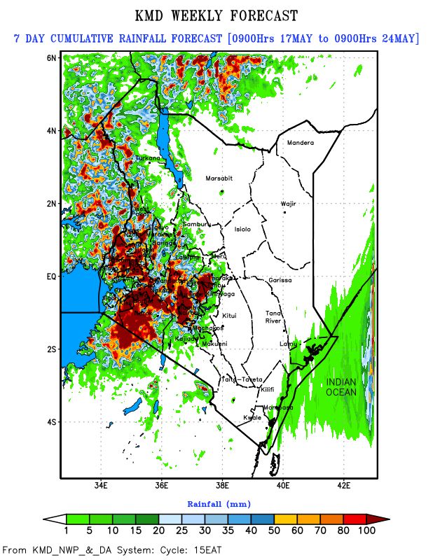 As we gear up for the weekend, here's a Weather Forecast for May 17th to 24th, 2024. #StaySafe #FloodsAdvisoryKe @MeteoKenya ⛈️Rainfall: Continued rainfall is likely over the Central Highlands, including Nairobi, Western Kenya, parts of Northwestern, Lake Victoria Basin, parts