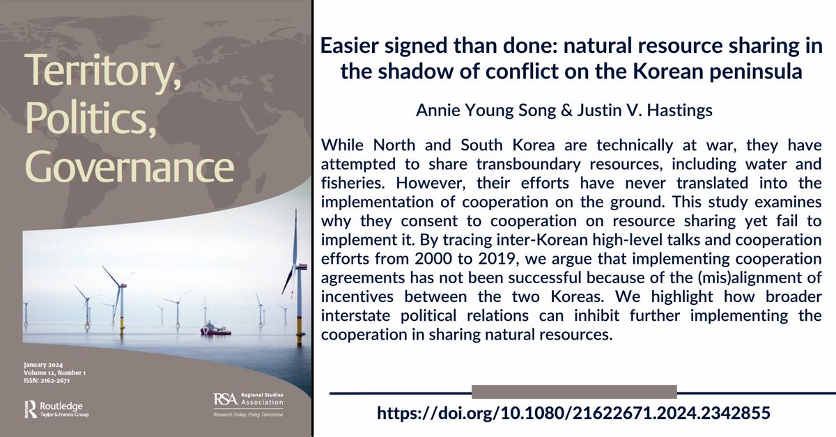 New article 'Easier signed than done: natural resource sharing in the shadow of conflict on the Korean peninsula' by Annie Young Song & Justin V. Hastings doi.org/10.1080/216226…