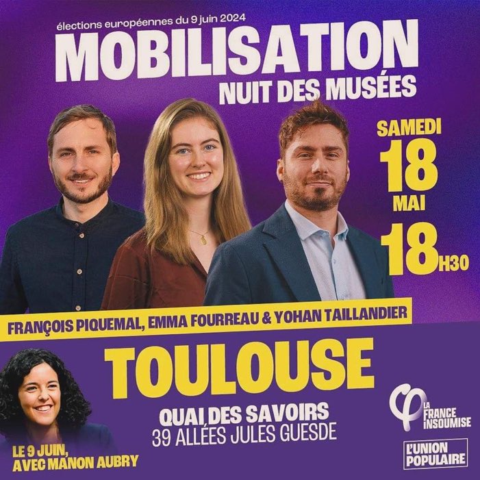 🔴 Notre co-animatrice nationale @emma_frr sera présente à #Toulouse aux côtés de @YohanTailland1 et @FraPiquemal pour une mobilisation dans le cadre de la Nuit des musées ! Le 9 juin, donnez-nous la force de tout changer pour l’envoyer au Parlement européen ! ✊