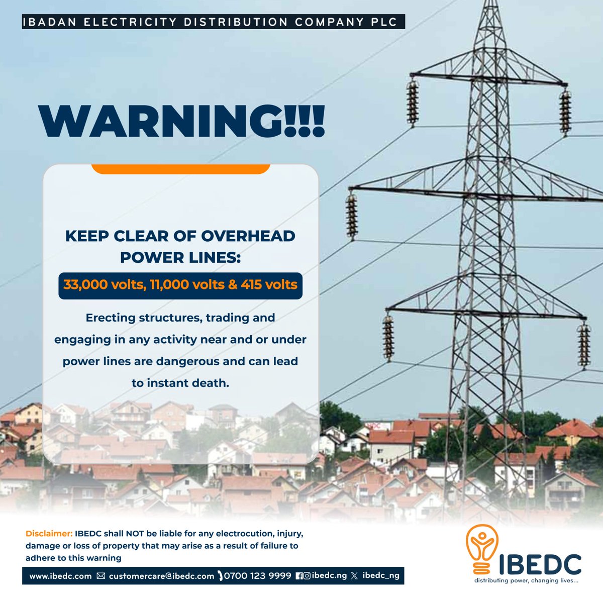 Warning!!!
Avoid coming into contact with overhead power lines.

#ibedc #staysafe #safetyfirst #safetyalways #childsafety #distributingpower #changinglives