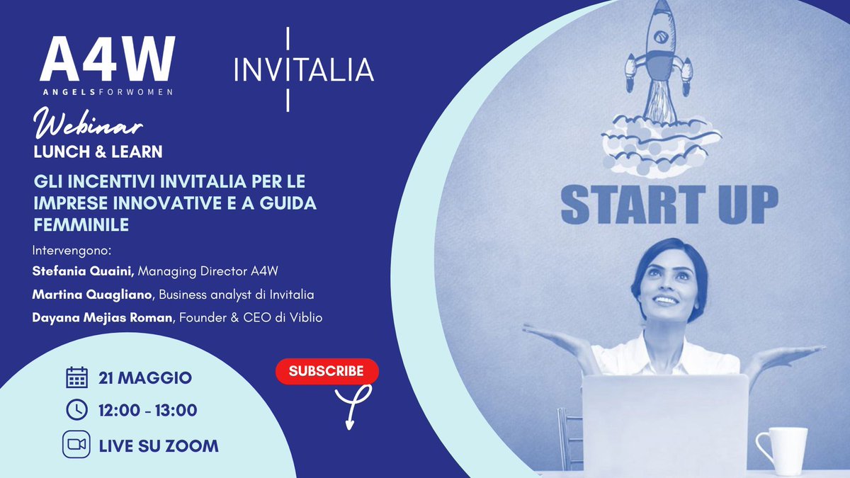 🌷 #ImpreseFemminili | #21maggio alle 12.00 Invitalia sarà ospite di “Lunch&Learn' #webinar organizzato da #Angels4Women Italy. ❓Come chiedere le agevolazioni, piano d'investimento, procedura sul sito, roadmap e criteri di valutazione. ⭕Iscrizioni👉🏼angels4women.com/webinar-lunch-…