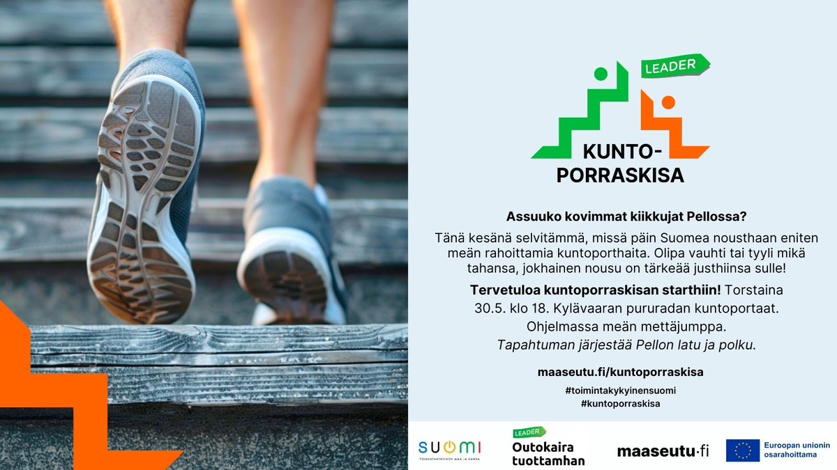 Assuuko kovimmat kiikkujat Pellossa? 💪

No totta vishin! Pello edustaa Lappia valtakunnallisessa kuntoporraskisassa. Asennamme kävijämittarin Kylävaaran pururadan kuntoportaille aikavälille 30.5.-30.9.2024. 

Lue lisää: maaseutu.fi/lappi/pello-ed…