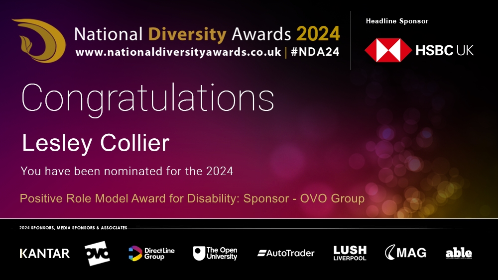 Congratulations to @lesley235 who has been nominated for the Positive Role Model Award for Disability at The National Diversity Awards 2024 in association with @HSBC_UK. To vote please visit nationaldiversityawards.co.uk/awards-2024/no… #NDA24 #Nominate #VotingNowOpen