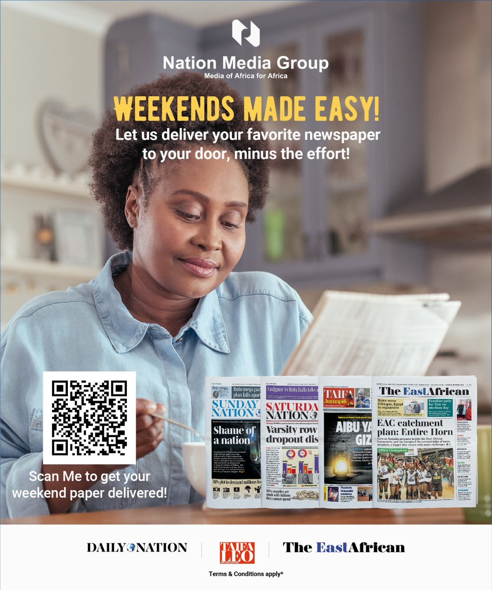 Stay informed and relaxed on weekends! Let The East African be your weekend companion, delivered to your home.

Sign up NOW: bit.ly/3qNYffJ

#HomeDelivery #StayInformed #TheEastAfrican