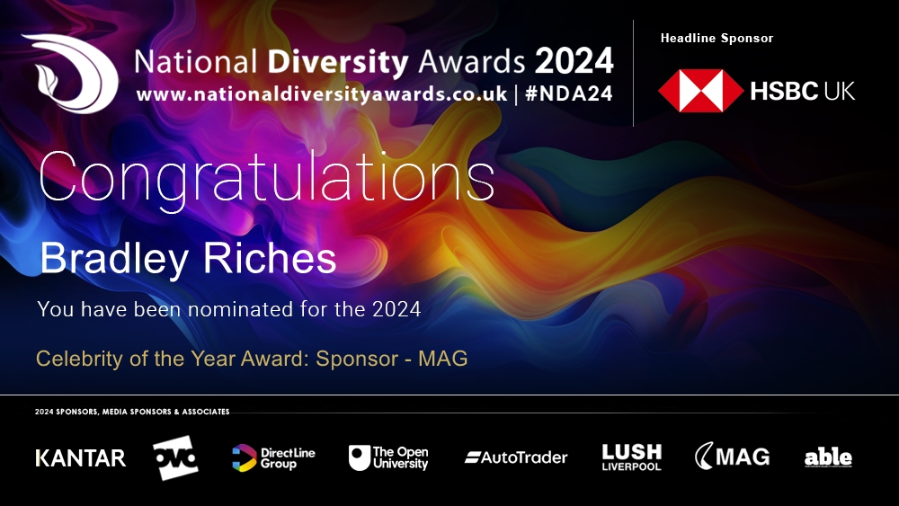Congratulations to Bradley Riches who has been nominated for the Celebrity of the Year Award at The National Diversity Awards 2024 in association with @HSBC_UK. To vote please visit nationaldiversityawards.co.uk/awards-2024/no… #NDA24 #Nominate #VotingNowOpen