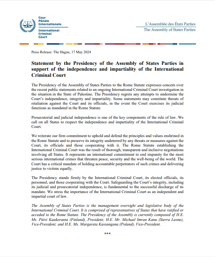❗ The ICC Assembly of States Parties Presidency expresses concern over the recent public statements related to an ongoing #ICC investigation in the situation in #Palestine. The Presidency regrets any attempts to undermine the Court’s independence, integrity & impartiality.