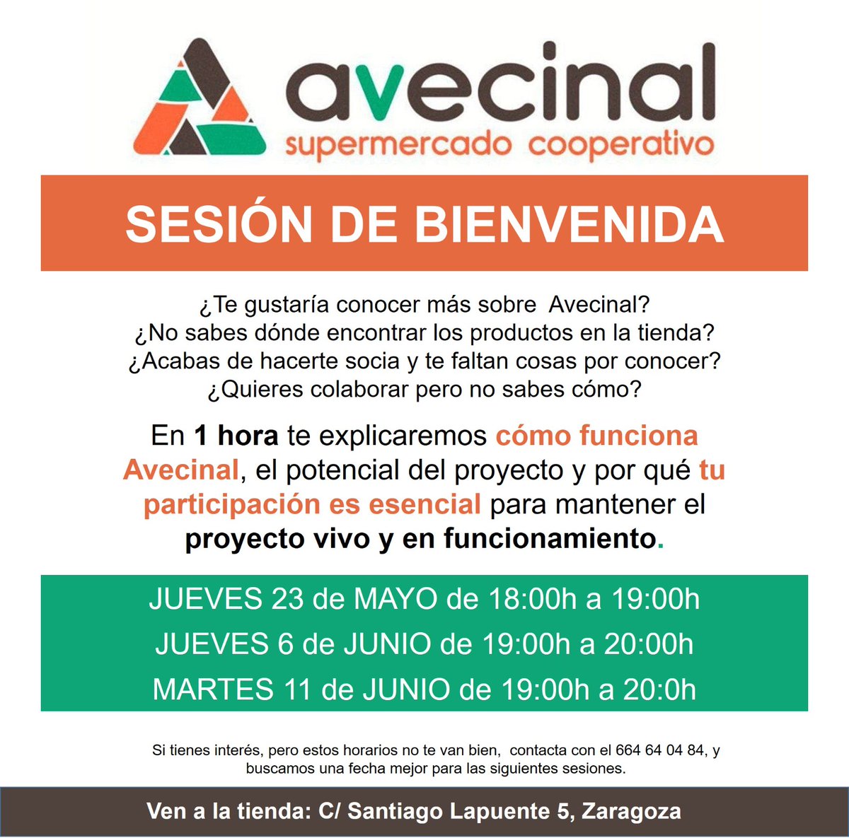 🙋¡ATENCION! Vuelven las Sesiones de Bienvenida para quienes quieran saber un poco más de la cooperativa y para las personas que se acaban de hacer socias: 📆 JUEVES 23 mayo ⏰ de 18h a 19h 📆 JUEVES 6 junio ⏰ de 19h a 20h 📆 MARTES 11 junio ⏰ de 19h a 20h