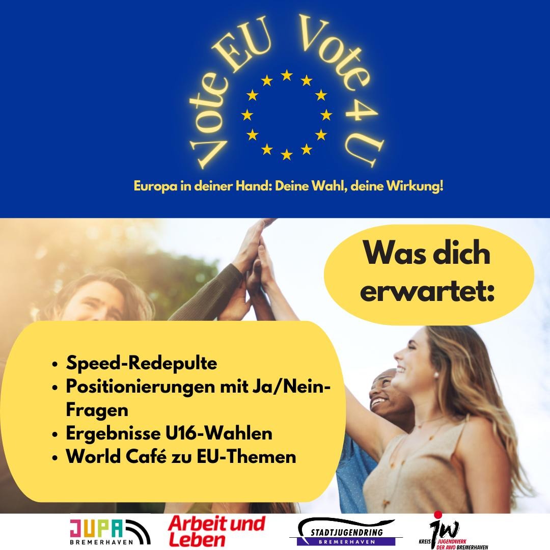 Nächsten Monat ist EU-Wahl📆! Weißt du schon wen du wählen wirst?🙌Am 04.06. 🗓könnt ihr in der Hochschule Bremerhaven mit EU- Politiker:innen ins Gespräch kommen👥, Euch zur EU Wahl informieren 📝und Eure Themen einbringen 🪧
#Europawahl #jugendbildung #bremerhaven