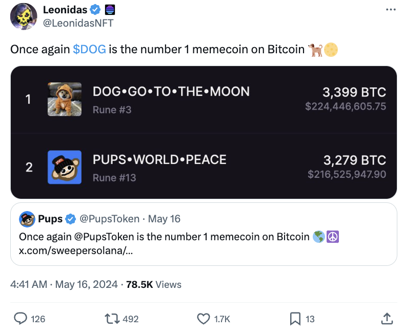 Who's the number 1 memecoin on Bitcoin 🔥
​
$DOG @LeonidasNFT OR $PUPS @PupsToken ？
​
Share your thoughts in the #RuneGo comment section below!