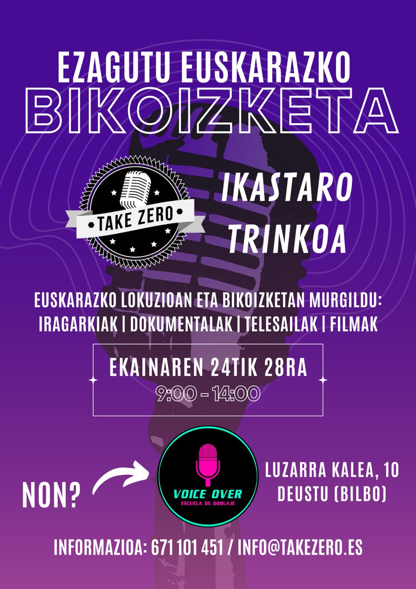 Bilbo aldean bizi bazara eta euskerazko bikoizketa probatzea nahi baduzu, ez galdu aukera!

Udako ikastaro trinkoa Deustun, ezagun ditudan hiru bikoizketa lankideekin (fidatzekoak!):
<a href="/yerayvarela_114/">Yeray Varela 🎙️</a>
Joseba Cordón
Imanol González

Ekainak 24tik aurrera, goizetan.
Egin proba!