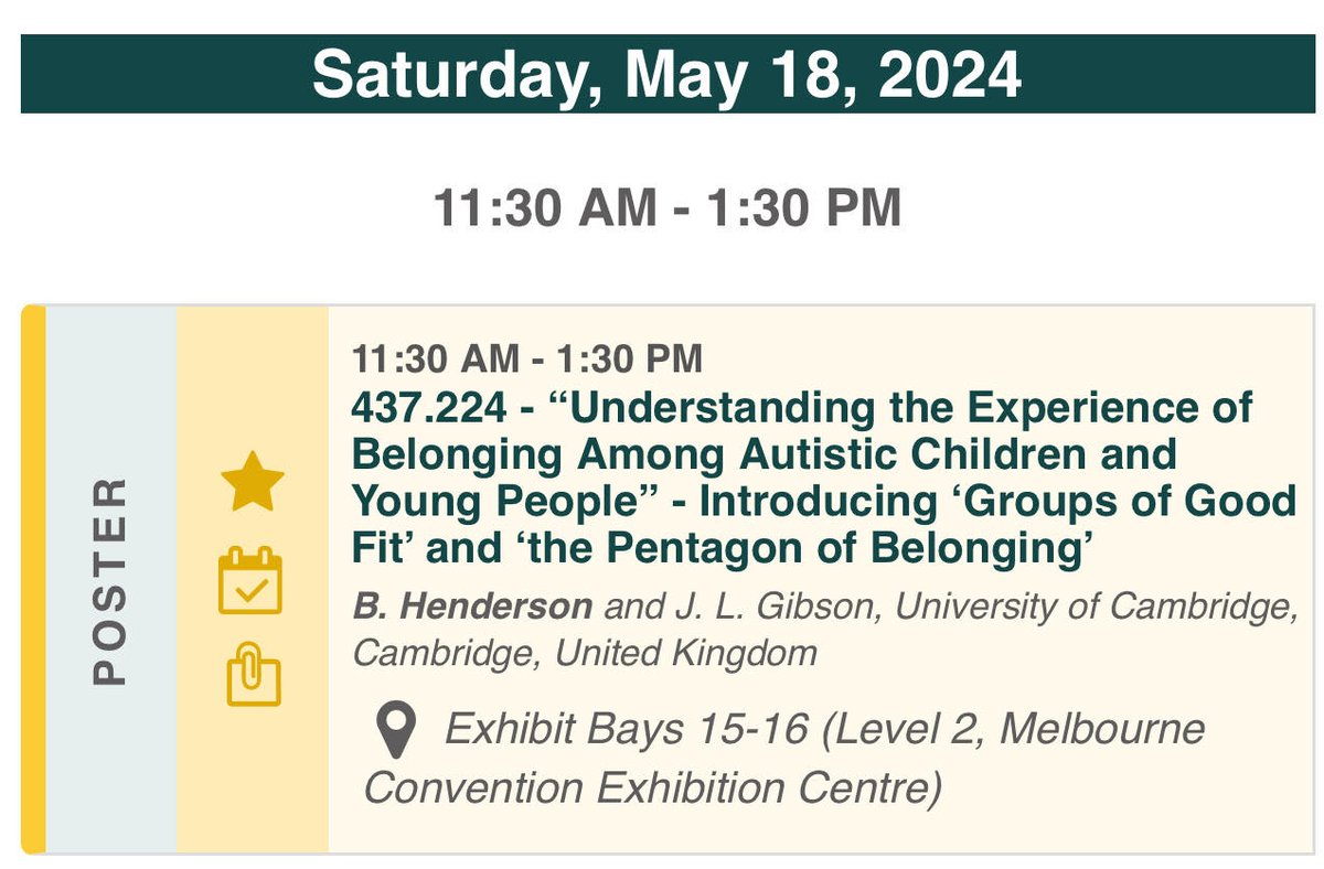 Come by for our poster presentation on Saturday at #INSAR2024! 🌟 #Belonging #NeurodiversityAffirmingResearch #ImplementationScience #PentagonOfBelonging #AutisticIdentity