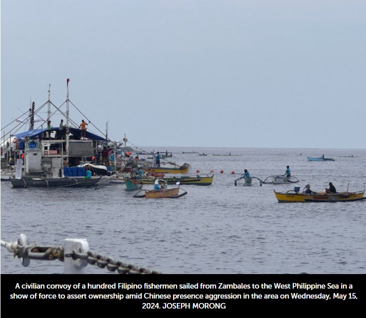 Amidst the largest blockade along the coasts of #ScarboroughShoal, PH's civilian mission to #WPS reflects the thrust to challenge unwarranted #Chinese hegemony in #SCS. Harassment of Filipino front liners & fishers by China, will not be taken lightly. @DefensePitz @theadtan 1/3