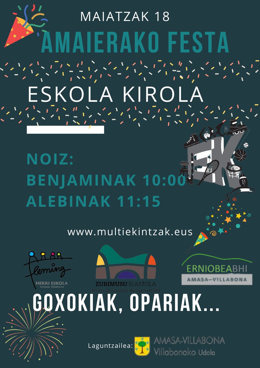 Larunbat honetan Eskola Kiroleko amaierako festa ospatuko da Arratzainen. Bertan festa giroa nagusitzeaz gain, kirol ezberdinak praktikatuko ditugu. Amaieran opariak eta goxokiak banatuko dira. Animatu eta parte hartu. Ondo pasa! #EskolaKirola #Hezkuntza #AmasaVillabona