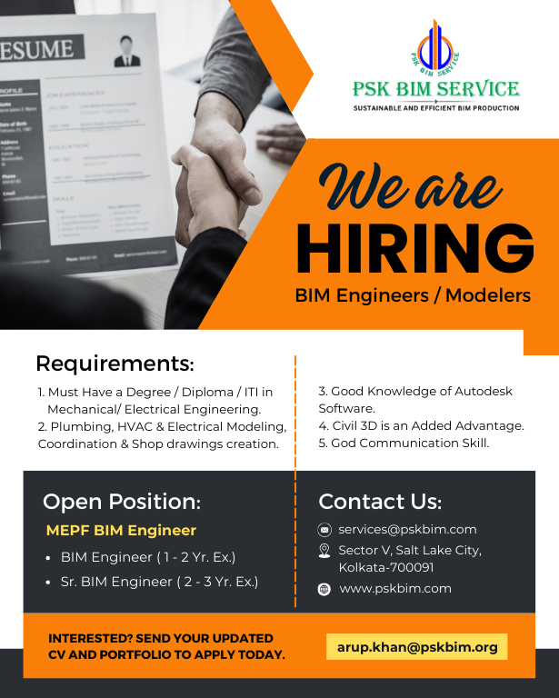 🔴 We're Hiring Again 📢- Join Our Team!

Exciting opportunities await for skilled engineers like you! PSK BIM Service is hiring for various positions in BIM engineering. 

Interested candidates can email their applications to arup.khan@pskbim.org