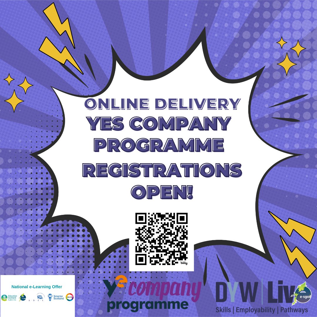 No teacher? Small numbers interested? NO PROBELM! @YE_Scotland Company Programme can be delivered online in academic year 2024/25. Register your learners here bit.ly/YESTT @eSgoil @EducationScot @ESskills @DYWScot