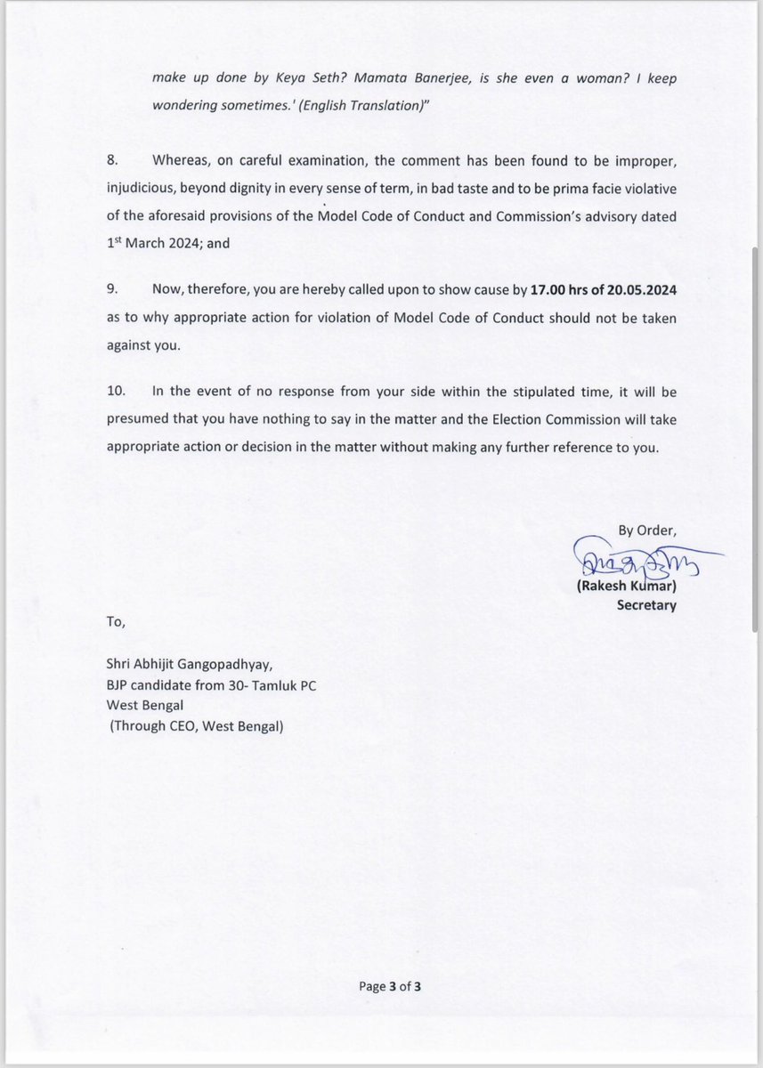 #ECI issues show cause notice to #BJP candidate from Tamluk & former judge Abhijit Ganguly for his derogatory remarks on #WestBengal CM #MamataBanerjee. The show cause by the ECI reads, “Whereas, the Commission has received a complaint dated 16th May, 2024 from the TMC wherein