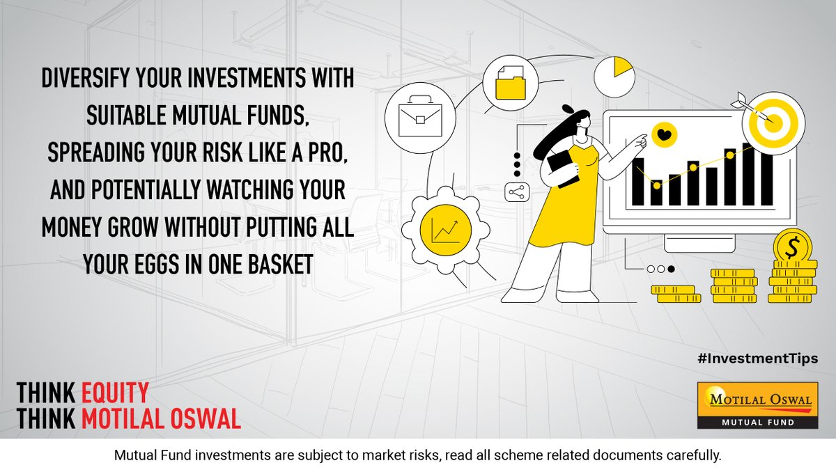 #InvestmentTips: Diversify with mutual funds to spread risk, and you might watch your money grow wisely!  

#investmenttips #MotilalOswal #MotilalOswalAMC #ThinkEquityThinkMotilalOswal