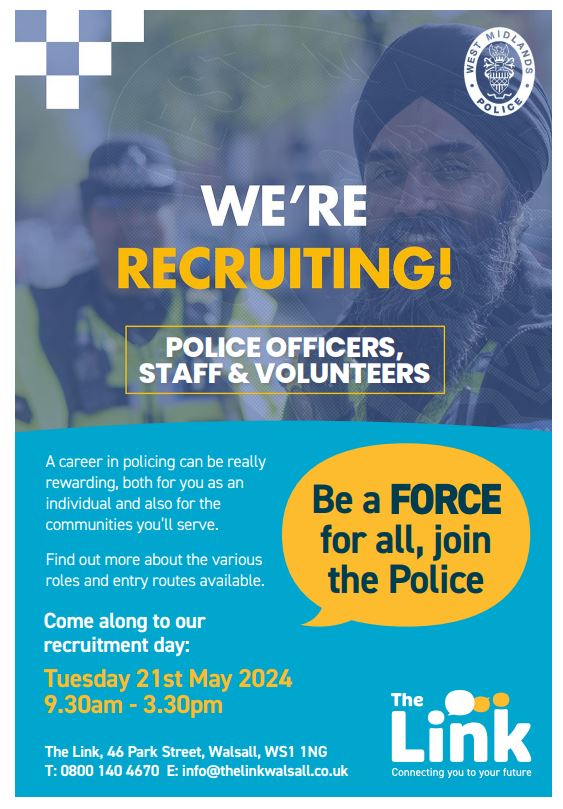 Come and speak to us next Tuesday 21st May 2024 between 9:30am-3:30pm to discuss a #careerinpolicing at @WMPolice We will be at The Link, Park Street in Walsall in partnership with @WalsallWorks