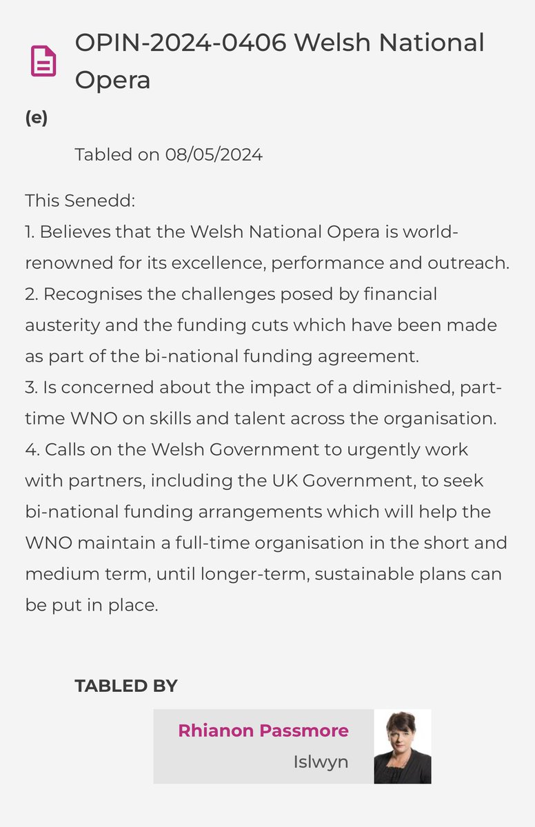 I have tabled a Statement of Opinion in the Senedd on the future viability of the @WelshNatOpera organisation. 

I am grateful to fellow Members of the Senedd, from across all political parties, who have supported my statement of opinion. 

record.senedd.wales/StatementOfOpi…