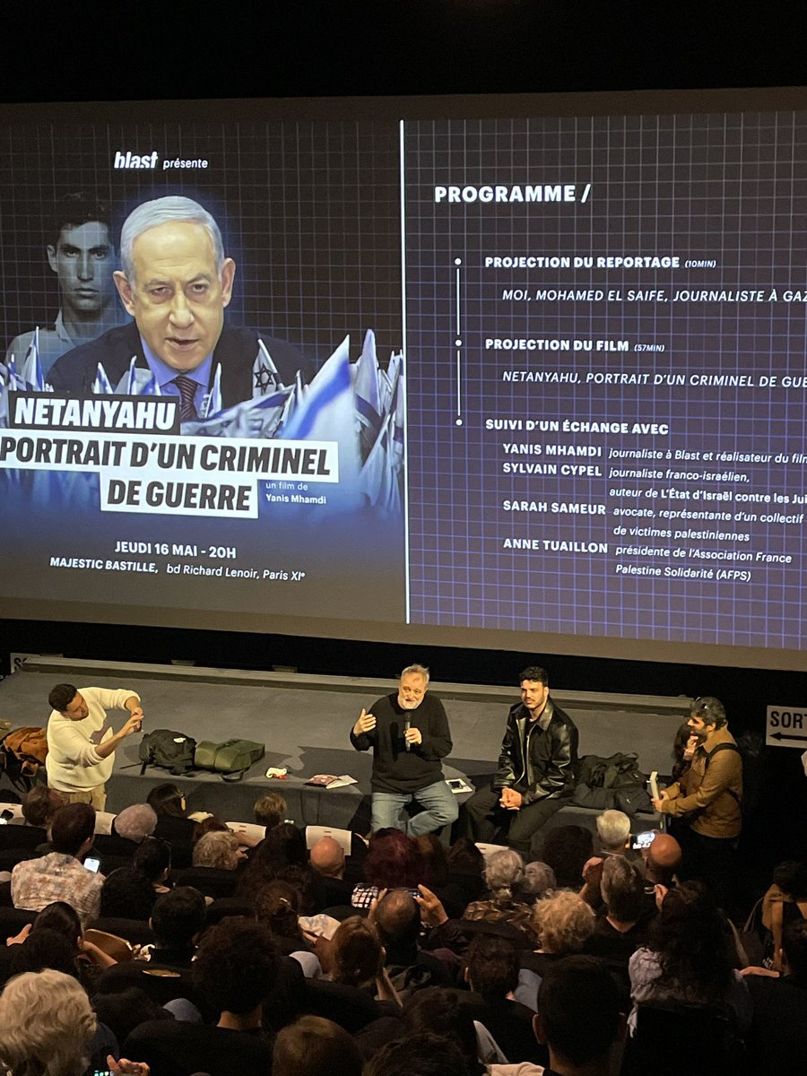 Salle comble hier soir au @MajBastille à Paris pour la projection organisée par l'AFPS et @blast_france de 'Netanyahu, Portrait d’un criminel de guerre' de @yanmdi précédée du reportage 'Moi, Mohamed El Saife, journaliste à Gaza' du correspondant de Blast à Gaza @Mohamedelsaife2