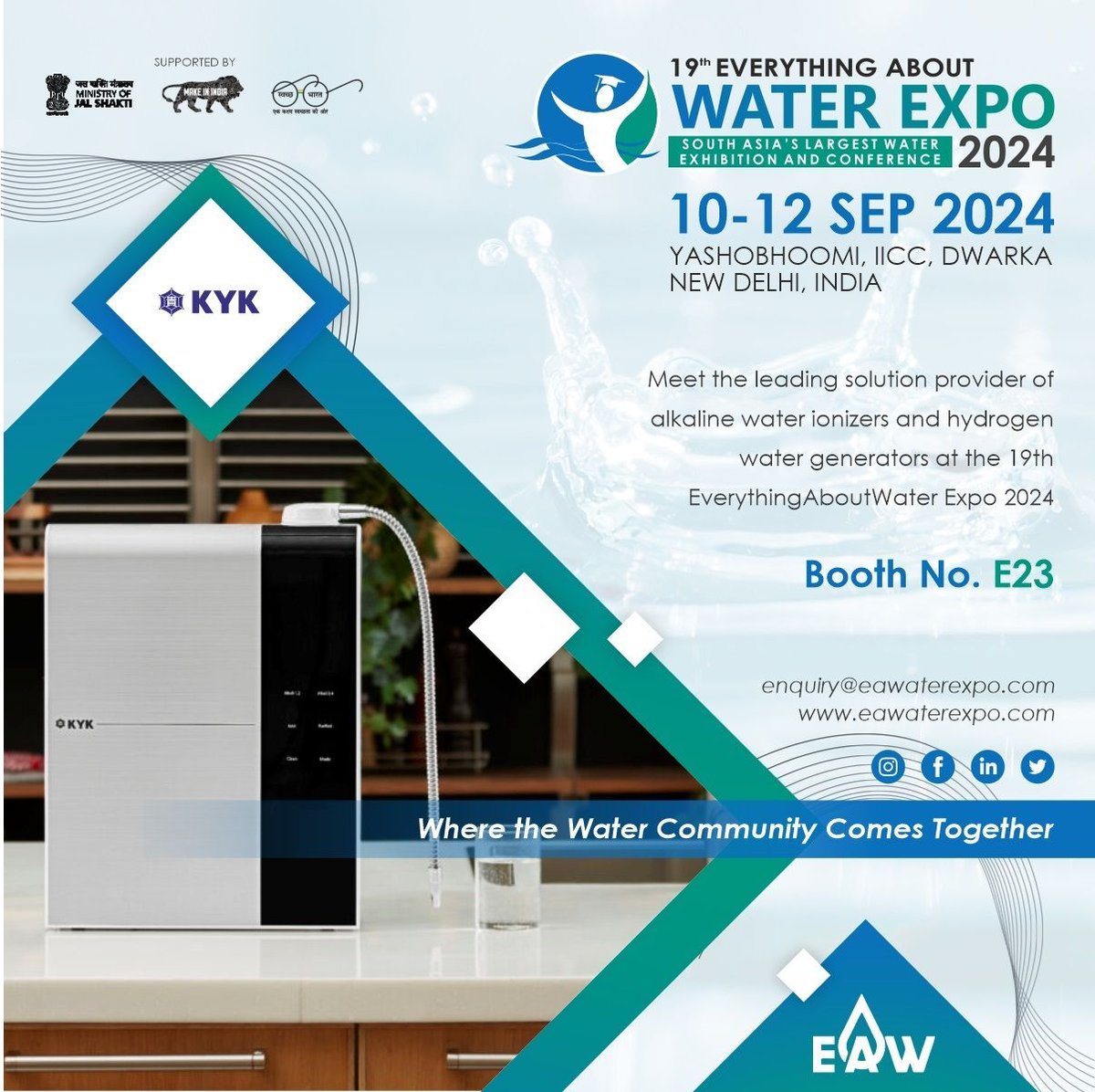 Discover the future of #hydration with KYK Corp India! 

Join them at Booth No. E23 at the EA Water Expo from 10-12 Sept 2024 at Yashobhoomi, IICC, New Delhi

Register now buff.ly/4aiGPZp

#EverythingAboutWaterExpo #KYKCorpIndia #AlkalineWater #HydrogenWater @@kykkorea