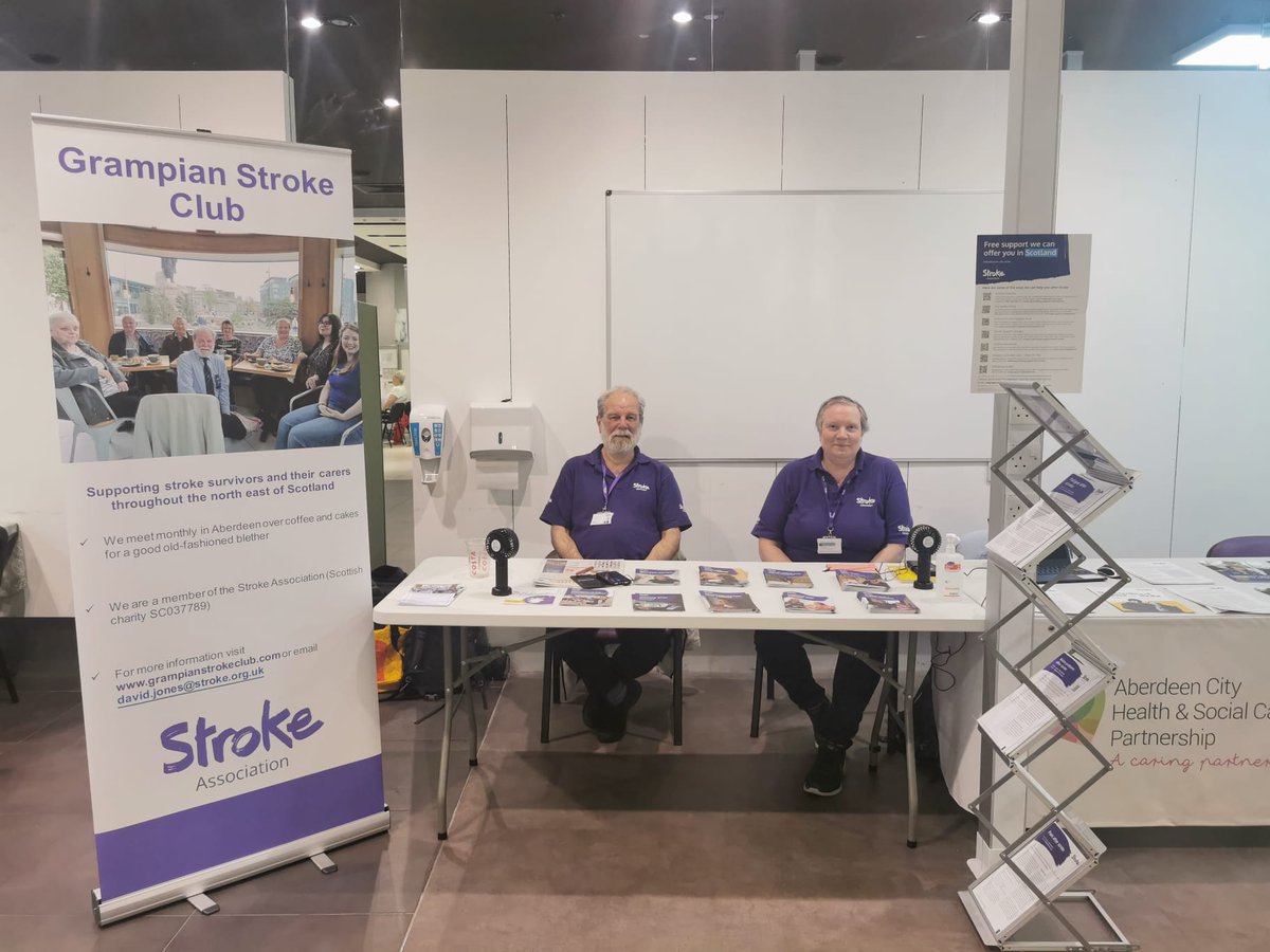 Grampian Stroke Club at the Aberdeen City Vaccination and Wellbeing Hub today 17th May until 4pm. Pop in and speak to David and Christa for support and advice and info about their stroke support groups. Please share @NHSGrampian @HSCAberdeen