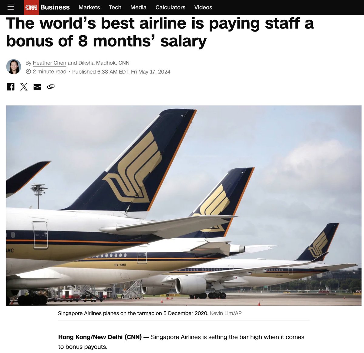 Singapore Airlines workers are getting a bonus worth 8 months' salary. Emirates staff are getting a bonus worth 4 months' salary. Your employer?