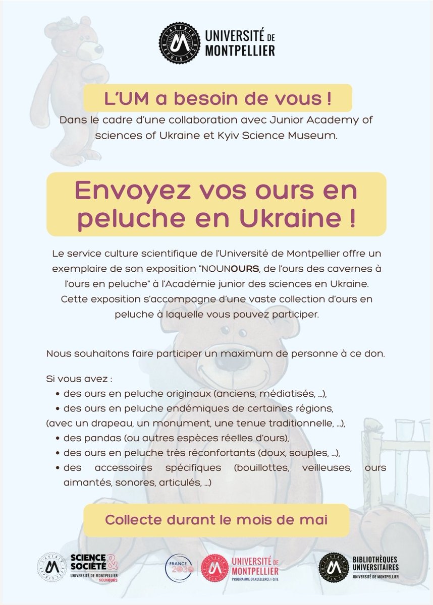 Fac des Sciences UM (@facsciencesum) on Twitter photo Le service culture scientifique de l’Université de Montpellier offre un exemplaire de son exposition "NOUNOURS, de l’ours des cavernes à l’ours en peluche" à l’Académie junior des sciences en Ukraine.
Plus d'infos : linktr.ee/facultedesscie…
<a href="/umontpellier/">Université de Montpellier</a> <a href="/CSTumontpellier/">Culture scientifique - UM</a> Le service culture scientifique de l’Université de Montpellier offre un exemplaire de son exposition "NOUNOURS, de l’ours des cavernes à l’ours en peluche" à l’Académie junior des sciences en Ukraine.
Plus d'infos : linktr.ee/facultedesscie…
<a href="/umontpellier/">Université de Montpellier</a> <a href="/CSTumontpellier/">Culture scientifique - UM</a>