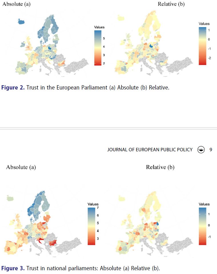 (4/9) Trust in institutions: Many Europeans trust the EU Parliament more than their national parliaments, esp. in eastern & southern Europe. Distrust is high in eastern Germany, Northeastern France & northern Poland. #RegionalInequality #PoliticalDiscontent