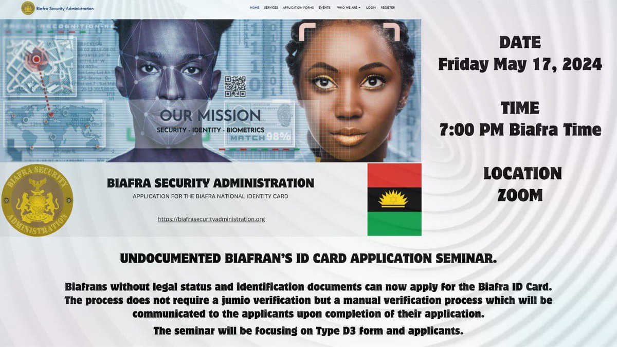 BIAFRA REPUBLIC GOVERNMENT is inviting you to a scheduled Zoom meeting. Topic: Undocumented Biafra ID Card - Type D3 Application Seminar Time: May 17, 2024 07:00 PM Biafra Time Biafra Time 7pm Join Zoom Meeting us06web.zoom.us/j/9179575984?p… Meeting ID: 917 957