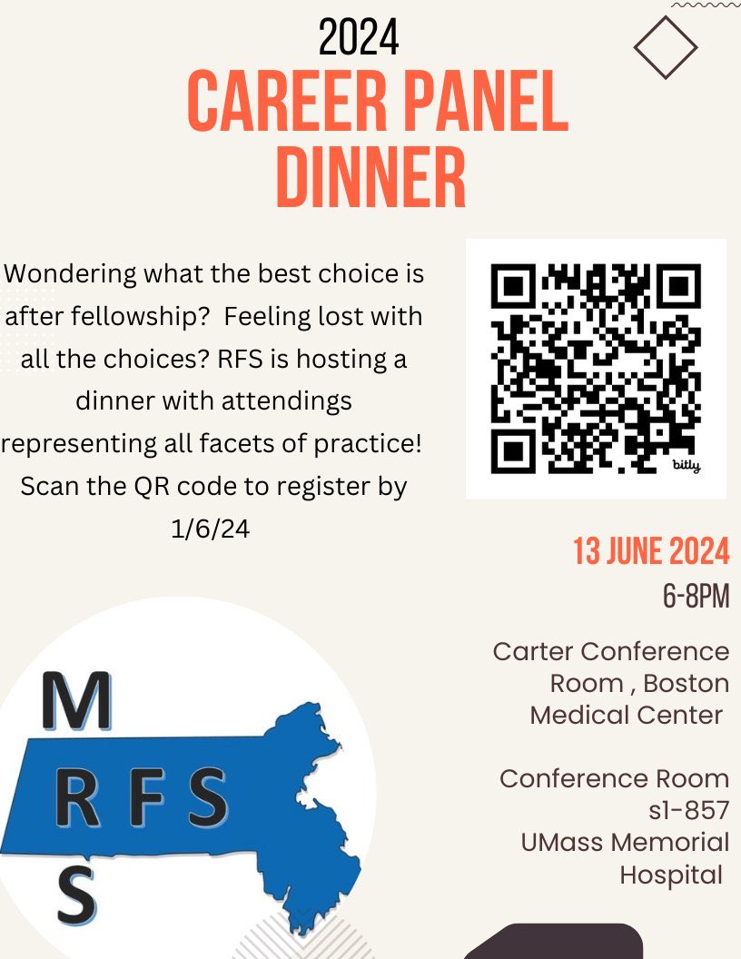 MRSRFS's tweet photo. Wondering what the best choice for your next big step is? We’ve got you covered! Your RFS is hosting a career panel with representation from all practice types. And what’s more important e also have dinner! Sign up using the link or scan the QR code: https://t.co/PKb4ZHwLGs https://t.co/BQPtXWXCkn