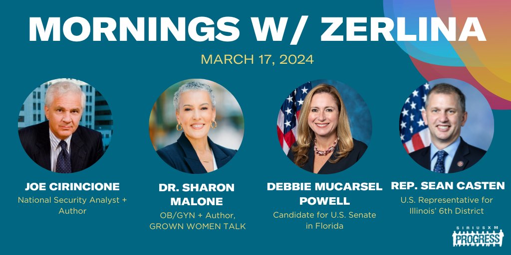 Happy Friday! Joining @ZerlinaMaxwell on the show this morning: NatSec Analyst @Cirincione, OB/GYN & Author of 'Grown Women Talk' @smalonemd, U.S. Senate candidate in Florida @DebbieforFL & U.S. Representative for IL-06 @RepCasten! 📻@SiriusXMProg Ch. 127 siriusxm.us/Zerlina