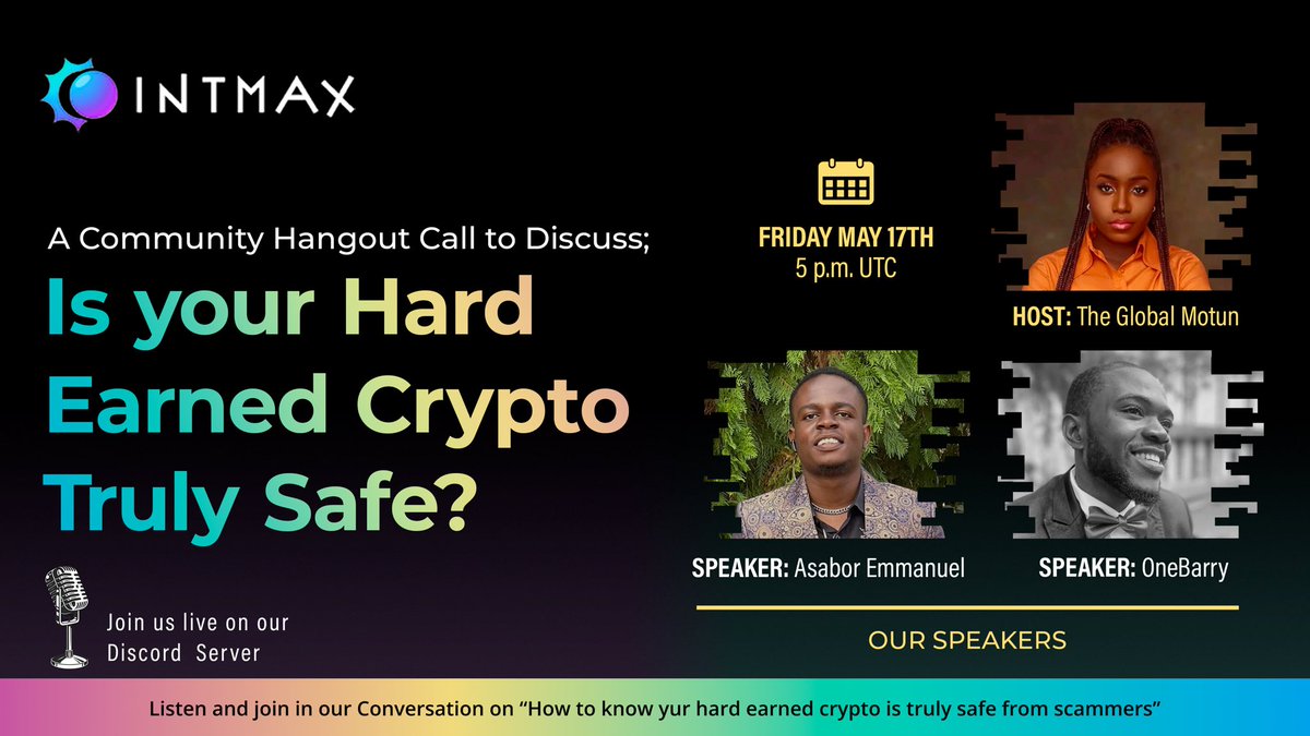 TheGlobalMotun's tweet image. Don’t miss this for any reason!

Join us this evening for another insightful, engaging, and fun conversation on Security. 

See you soon at 5pm UTC!

Click here to join - discord.gg/qQDEbcxA 

#INTMAXWallet #Ethereumwallet #security #cryptocurrency