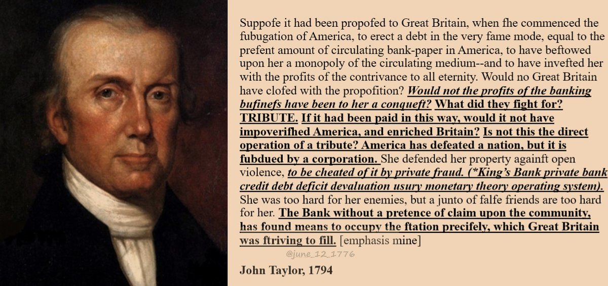 @RepThomasMassie #AmericaHasDefeatedANation but is subdued by a corporation! 1794 #JohnTaylor What was the Corporation? (The precursor to the Fed Reserve, the King's Bank Debt Deficit Devaluation Redistribution Wealth Transfer Monetary Op System) We were warned long ago, before the King's