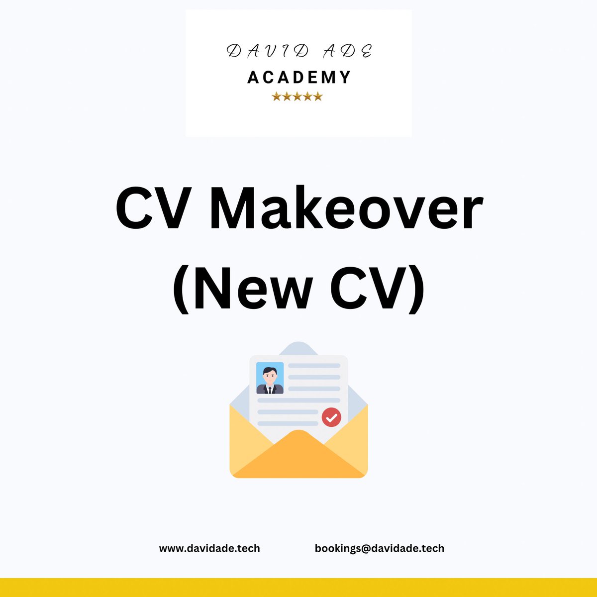 Are you struggling to get noticed by employers? 

Our CV makeover service can help. We will work with you to create a professional eye-catching CV that highlights your skills and experience.

Contact us today

#NewCv #DavidAdeAcademy #cvmakeover

Link: davidade.tech