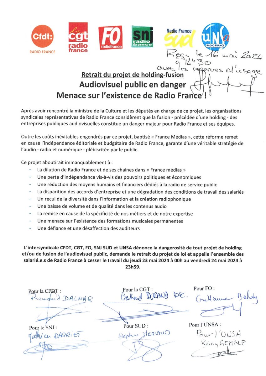🔴 Préavis de grève du jeudi 23 au vendredi 24 mai 2024 :
Audiovisuel public en danger 
Menace sur l'existence de @radiofrance !
Retrait du projet de holding-fusion ⤵️