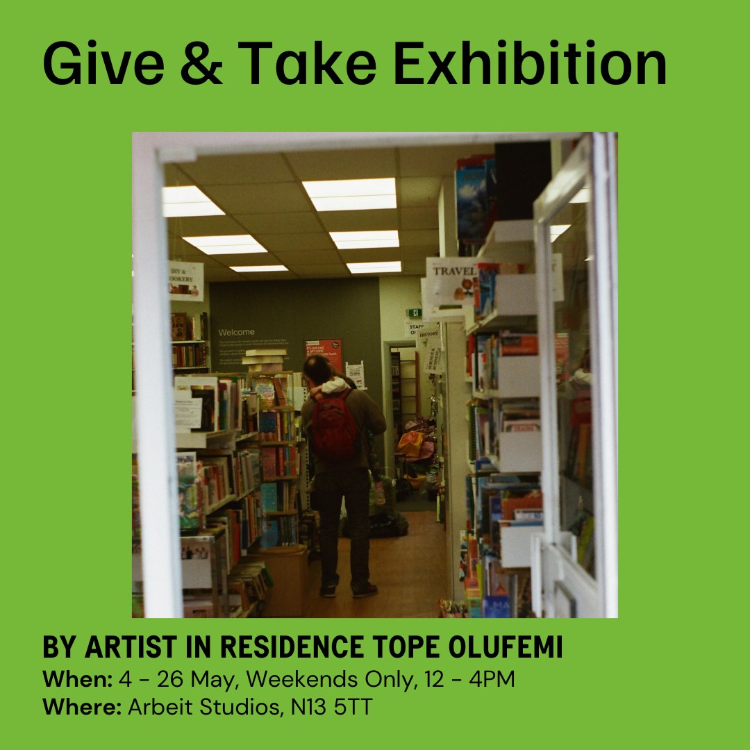 Arbeit Studios is proud to present the Give & Take Exhibition by Tope Olufemi until 26 May. Winner of the second round of Arbeit’s artist residency programme in Palmers Green, the exhibition is open weekends, 12PM-4PM. The project is supported by Enfield Council.

#EnjoyEnfield