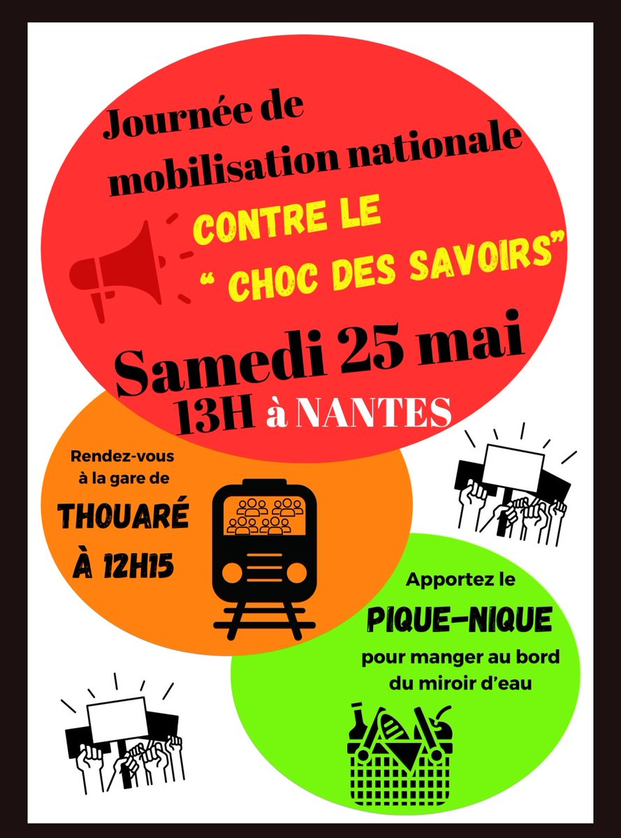 📢🗓️ Samedi 25 Mai #NonAuChocDesSavoirs
Rassemblement à #Nantes de nos voisin.e.s du 44! 🏳️‍

📌 #Thouaré RDV 12h15 à la GARE 🚉  avc chips, salades 🥗 sandwich 🥪 banderoles 🪧🪧

📌 #Nantes 13h Miroir d'eau.
Venez avec vos enfants 🥁🎉🎶 ✊️

#LoireAtlantique #PaysDeLaLoire