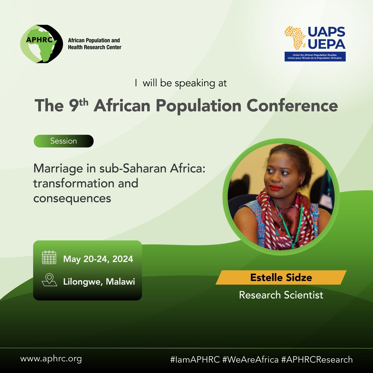 APHRC at the 9th African Population Conference by @UAPS_UEPA.  

@Sidze_APHRC will answer the question, ‘Does Marriage Benefit Maternal Mental Health?’ As showcased by evidence from Nairobi, Kenya. 

Stay tuned for more.

#APC2024 #9thAPC
#APCMalawi #WeAreAfrica #APHRCResearch