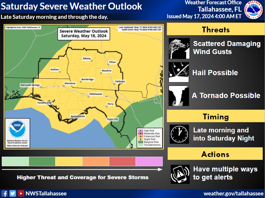 Today and tomorrow's severe weather outlook. Storms likely redevelop later today and into the afternoon. Another round moves in Sat with scattered showers/storms, some of which will be severe. Damaging winds/hail/ and possibly a tornado are primary concerns. #FLwx #ALwx #GAwx